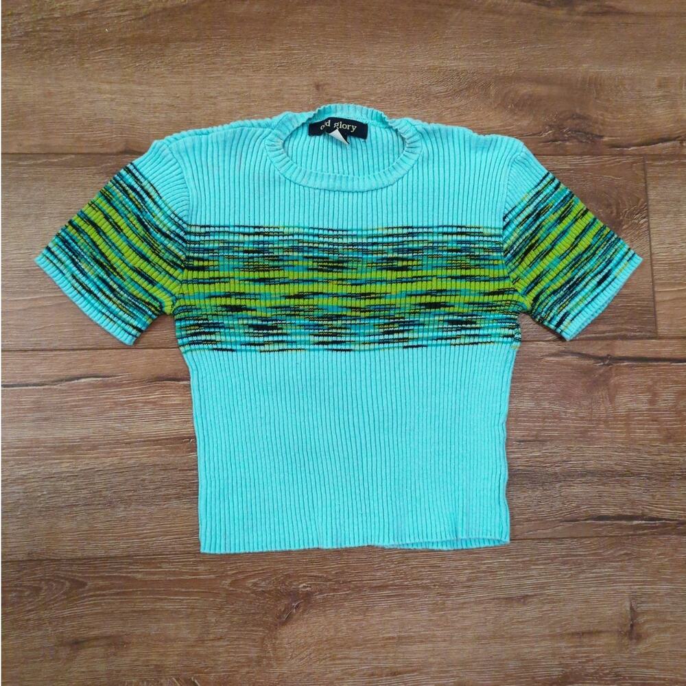Old Glory Women Medium Ribbed Knit Short Sleeve Top Turquoise Space Dye Stripe